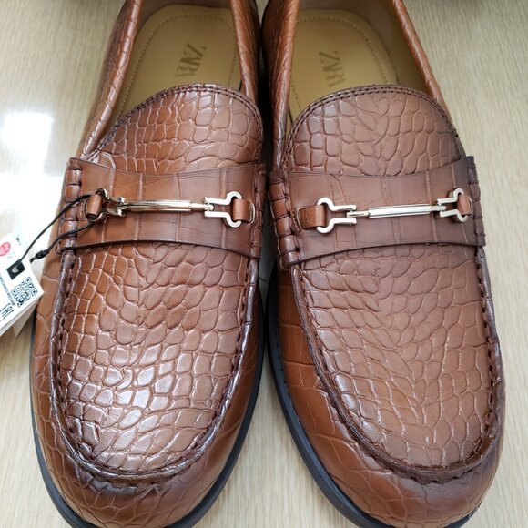 BNWT ZARA brown faux leather croc pattern horsebit slip on mocasins (45 - US 12) - Picture 6 of 7